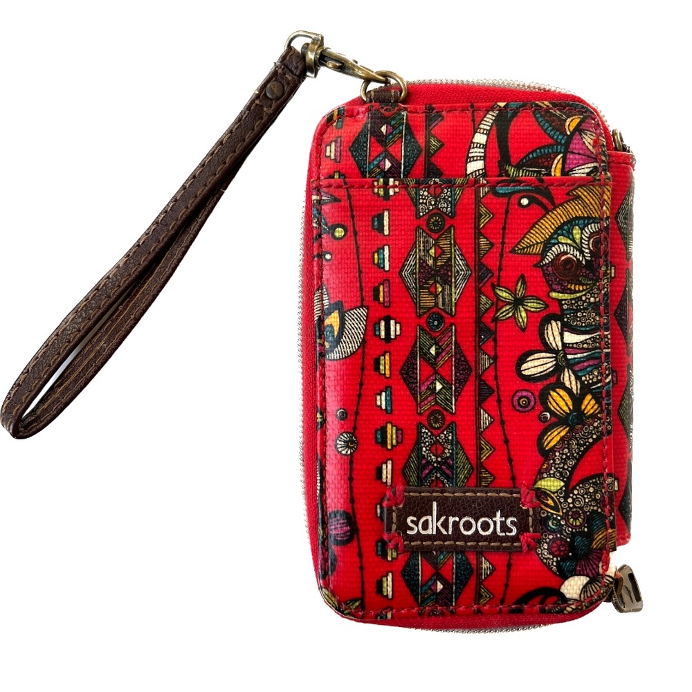 SAKROOTS Wristlet Bag Wallet Red Owls Zippered ID Slots Coin Pocket Bills